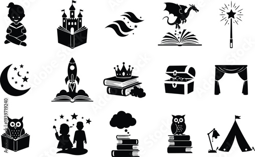 Collection of mystical and magical silhouette icons featuring fantasy and celestial elements