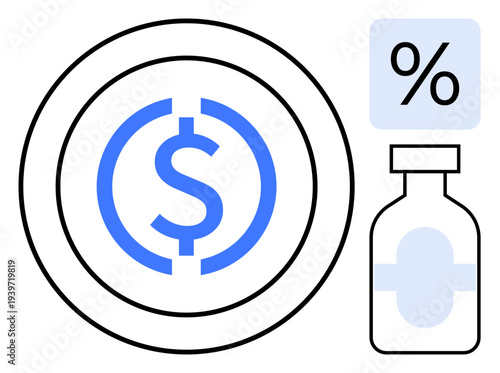 Financial planning, healthcare costs, investment strategies, pharmaceutical pricing, interest rates, medical economy. Blue dollar icon, percentage and a medicine bottle. Financial planning