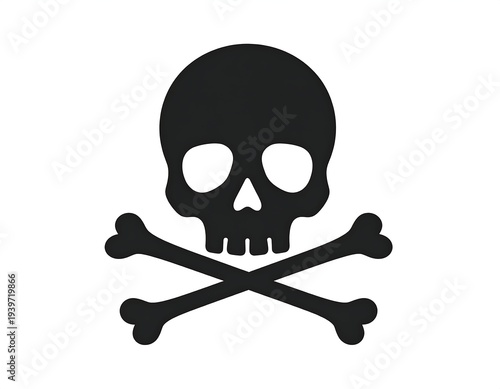 A black, stylized human skull with two crossed bones beneath it, against a stark white background. A symbol of danger