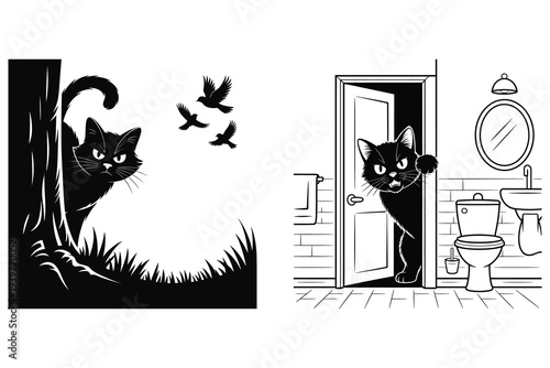 Black cat peeking from behind tree and door, watching birds and entering bathroom, curious cat hunting