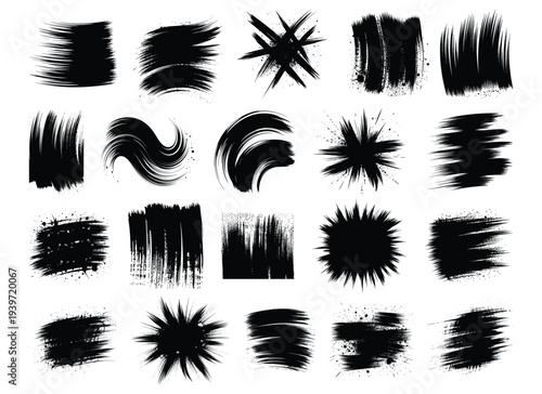 Collection of black ink brush stroke textures for grunge and distressed graphic design effects like paint splatters and artistic backgrounds