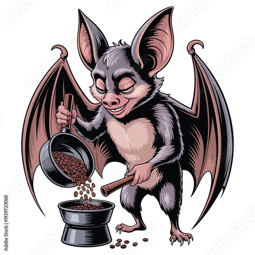 Cute cartoon bat character roasting coffee beans in a pan with a happy expression and large ears, illustrative graphic design, vector art