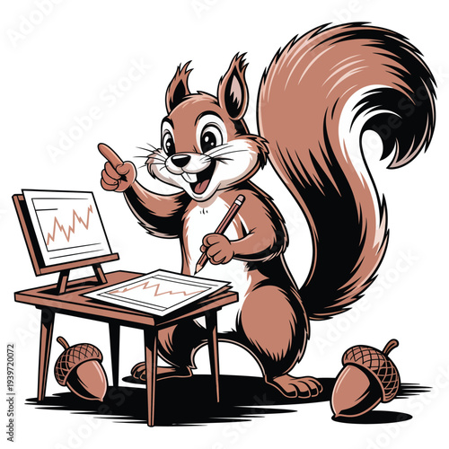 Creative squirrel drawing graph on easel with pencil and acorns busy animal character in cartoon style illustrating success and planning