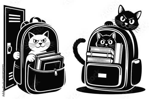 Cats in backpacks near lockers, one white cat in open bag with books, black cat peeking from another school bag