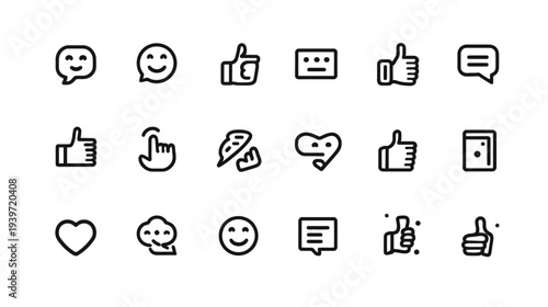 Set of Social Media Engagement Line Icons: Like, Comment, Share, Love, Reaction, and Chat Symbols