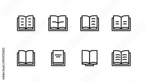 Set of minimalist open book line icons. Vector illustration of reading, education, knowledge, and library symbols.