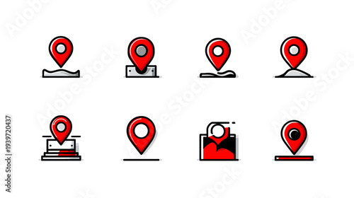 Red Location Pin Icons Set. Modern Vector Map Markers for Navigation, GPS, Destinations, Address, and Digital Maps.