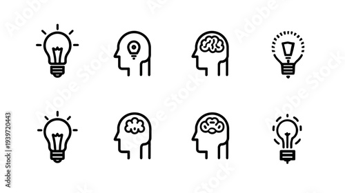 Vector Line Icons Set: Lightbulb, Brain, and Head Silhouettes for Idea, Creativity, Thinking, Innovation, and Strategy Concepts