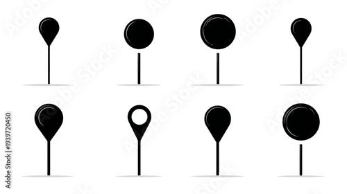 Set of black map location pin icons. Simple, modern GPS navigation pointers and place markers for digital interface design.