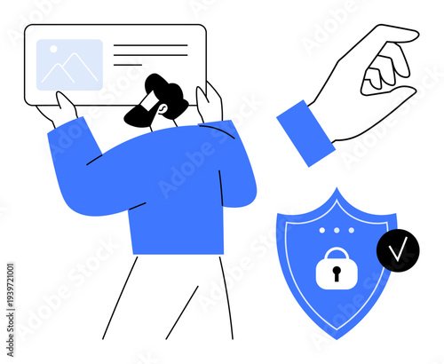 Digital security concept. safety visualization with a shield and lock, user interaction, and secure identification. Digital security essentials for tech, fintech, identity verification, education