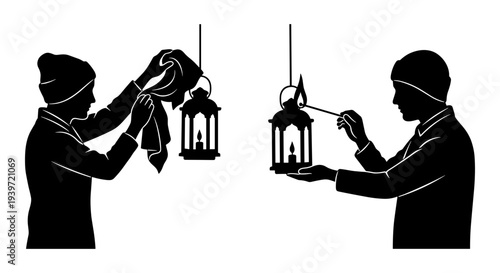 Black and white vector silhouette illustration of two people cleaning and lighting hanging lanterns, depicting maintenance and care tasks.