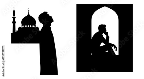 Set of 2 Black Silhouette Vector Illustrations: Man Praying with Mosque and Man Sitting Thoughtfully in Arch Window, Ideal for Islamic Culture, Spirituality, and Contemplation Concepts