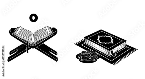 Monochrome Vector Illustration of an Open Quran on a Rehal Stand and a Closed Quran with Dates on a Prayer Mat, Ideal for Islamic Religious Content and Ramadan Designs