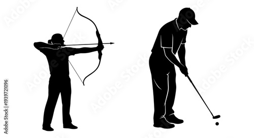 Black Silhouette Vector Illustration of an Archer with Bow and Arrow and a Golfer Putting a Golf Ball, Ideal for Sports and Recreation Designs