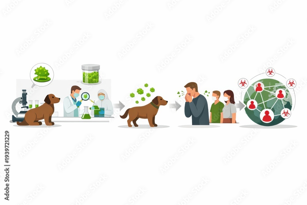 Fototapeta premium Dog health and epidemiology visualized, illustrating pathogen flow from canine to human through environmental interaction and community spread, highlighting veterinary science and public health