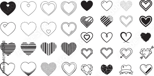 Set of 40 heart icons vector, black and white, various styles