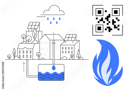 Renewable energy, urban sustainability, water conservation, technology integration, eco-friendly solutions, smart city concepts. Solar-paneled houses and water recycling system. Renewable energy