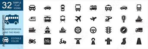 Transportation and vehicles icon set. Road navigation icons. Contains symbol of airplane, car, bus, bicycle, motorcycle, truck, ship, cargo, tram, taxi, crossroad, tunnel, flyover, traffic light.