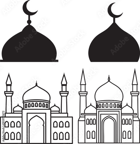 Set of 4 mosque icons vector, crescent moon domes and minarets