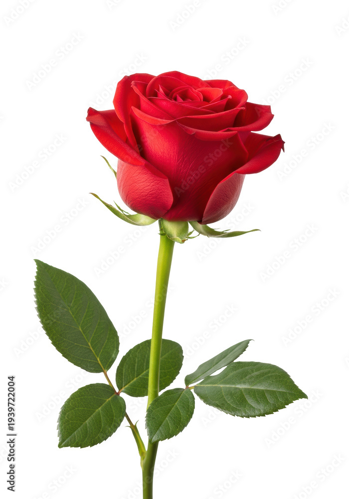 Fototapeta premium Ultra-realistic macro shot of a single magnificent crimson rose, partially open, featuring a green stem and leaves, isolated on a transparent background. Concept of passionate love and romance