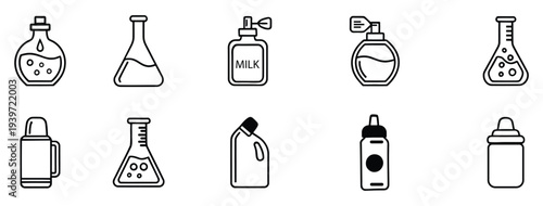 Collection of assorted bottles and flasks in line art style beaker laboratory
