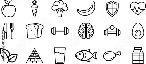 Apple carrot broccoli banana shield heart brain dumbbell egg fish chicken milk vector