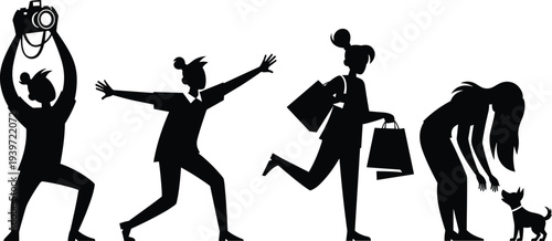 Black silhouette set of people in different poses including photographer taking photo woman shopping with bags and girl playing with small dog on white background