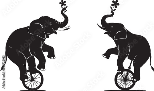 Set of 2 elephant silhouettes on unicycles vector
