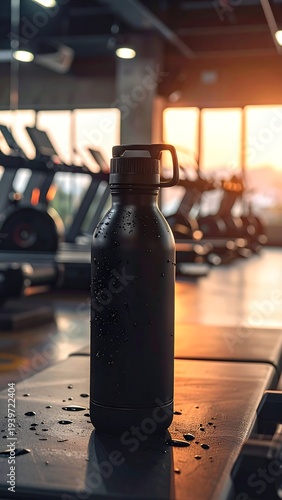 A black water bottle, covered in droplets, rests on a bench in a gym bathed in warm light. Blurred treadmills line the background