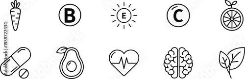 Collection of black line icons representing health and nutrition vitamin