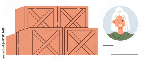 Logistics, supply chain, inventory, storage, workforce, packaging. Stacked wooden crates and a circular portrait of a woman beside them. Logistics and supply chain visual concept