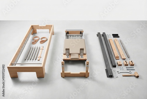 Assembled components of a premium pilates reformer demonstrating modern design principles, functionality, and quality craftsmanship for fitness enthusiasts and wellness practitioners