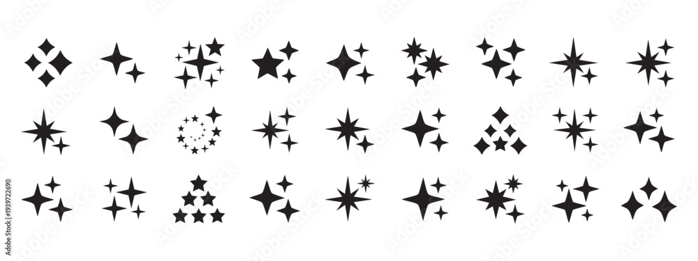 Obraz premium A vector set of stars and bursts icons, twinkling stars. Different black sparkles icons on transparent background. Vector illustration