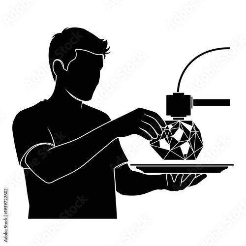Silhouette illustration of technician removing finished 3d printed geometric object carefully