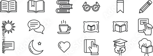 Collection of black outline icons related to reading and education book open
