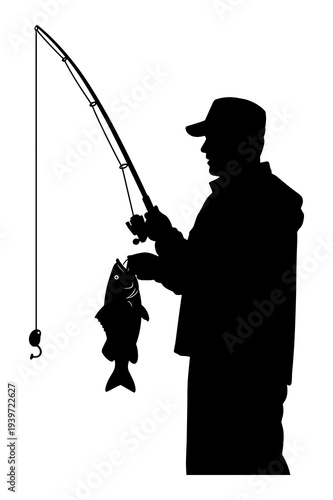 Silhouette vector graphic design of fisherman holding a freshly caught fish