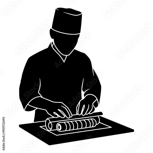 Chef preparing traditional maki sushi rolls with precision in black silhouette vector