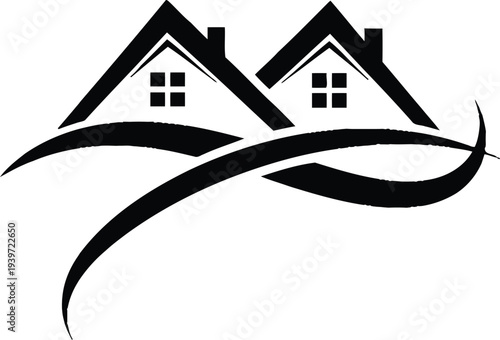 Real estate logo with two houses and wavy lines
