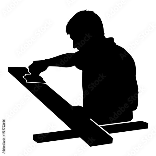 Silhouette graphic of craftsman sanding wood surface on cross support