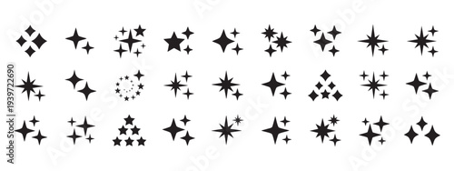 A vector set of stars and bursts icons, twinkling stars. Different black sparkles icons on transparent background. Vector illustration