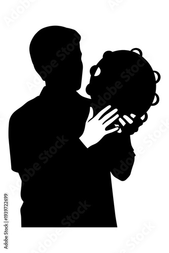 Person silhouette holding a musical tambourine vector illustration for design