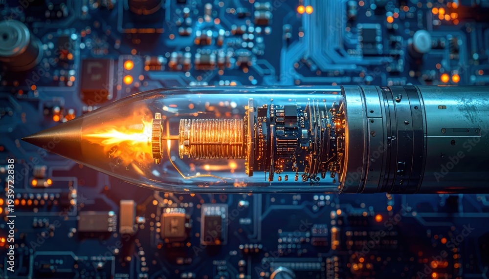 Fototapeta premium Close-up view of advanced technology component with glowing filament and intricate circuitry on a complex electronic board