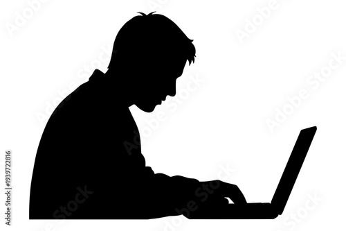 Black silhouette vector graphic of a person diligently using a laptop