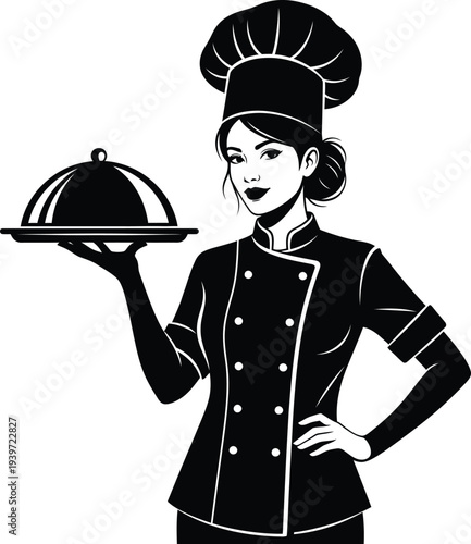 Female chef holding a covered serving dish