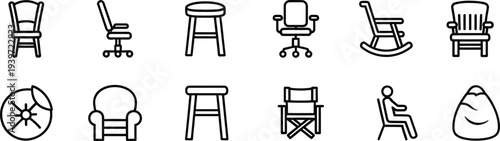 Collection of diverse chair icons and seating furniture line art stool