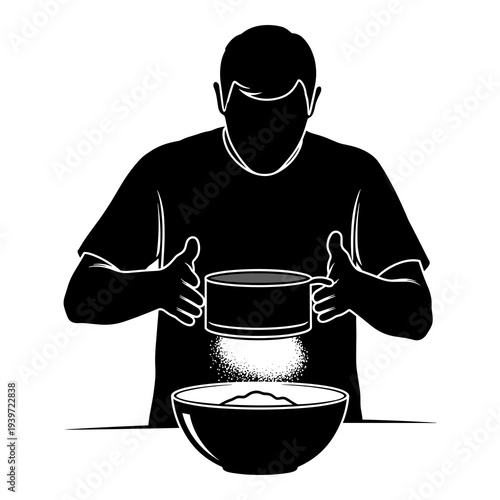 Chef vector illustration accurately sifting flour into a large mixing bowl