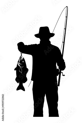 Fisherman's silhouette vector illustration proudly displaying his freshly caught fish graphic.