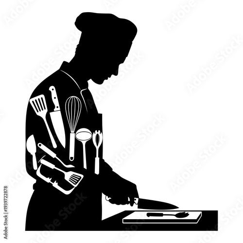 Professional chef silhouette cutting food on a board vector illustration