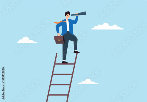 Flat illustration of smart businessman climb ladder and look through telescope symbolizing visionary leadership for success