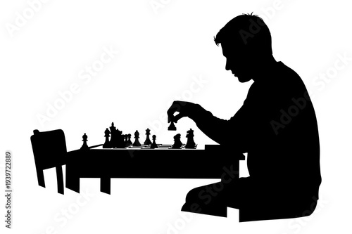 Silhouette vector graphic shows focused person making a chess move